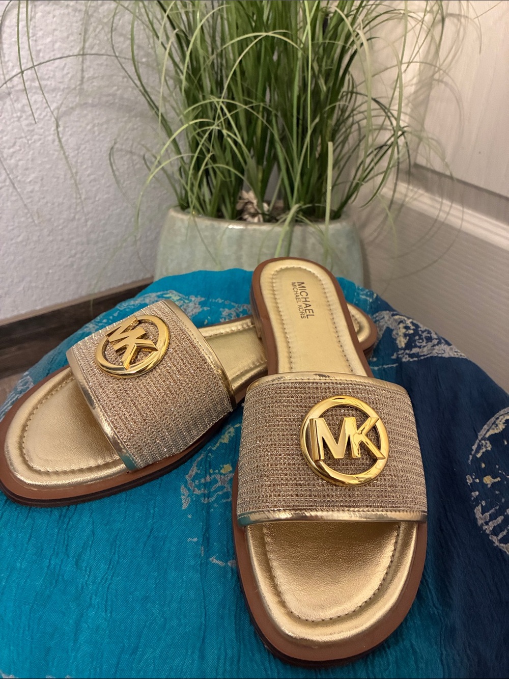 Michael Kors Gold Woven Logo Slide Sandals